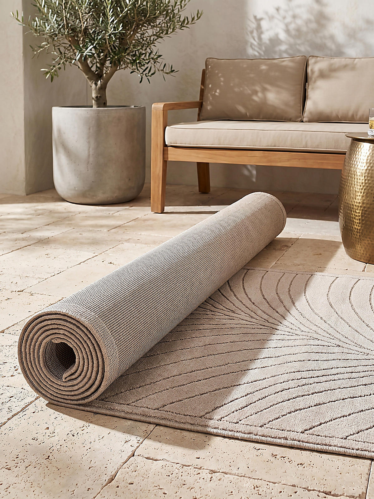 LÄUFER Outdoor, Fußbodenheizung-geeignet, mit Blattmotiv, aus Polypropylen, ENGADIN in Beige, 80 x 150 cm - Beige, Textil (80/150cm) - KADIMA DESIGN