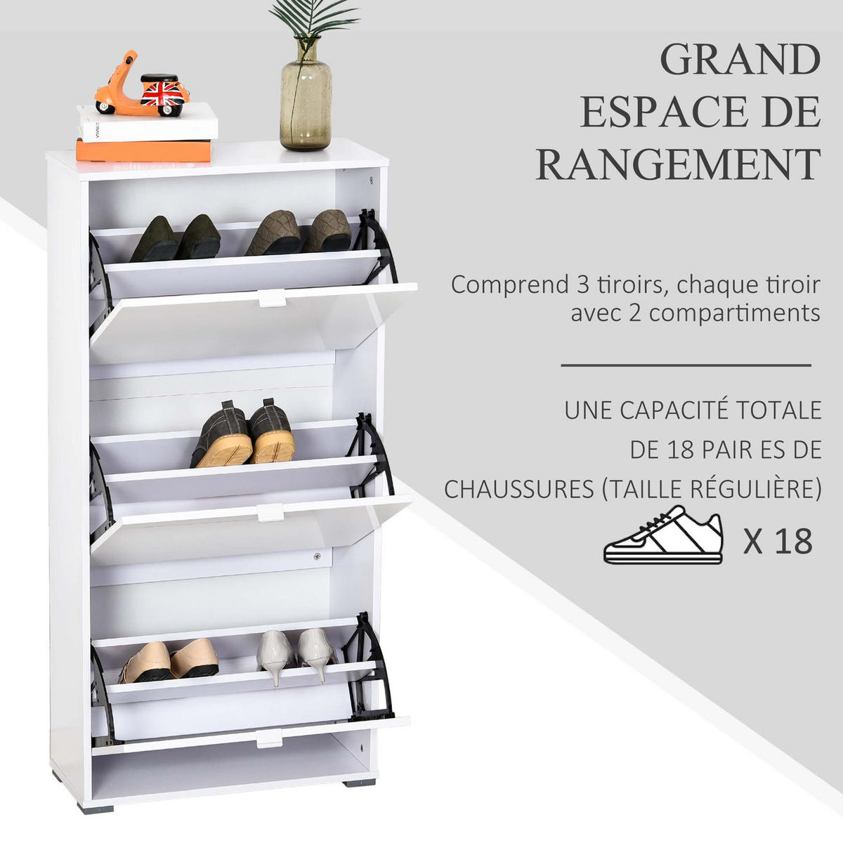SCHUHSCHRANK DE-15007 3 Klapptüren mit 3 verstellbaren Ebenen Weiß Hochglanz - Weiß Hochglanz, Holzwerkstoff (60/124/26cm) - ComfortXL