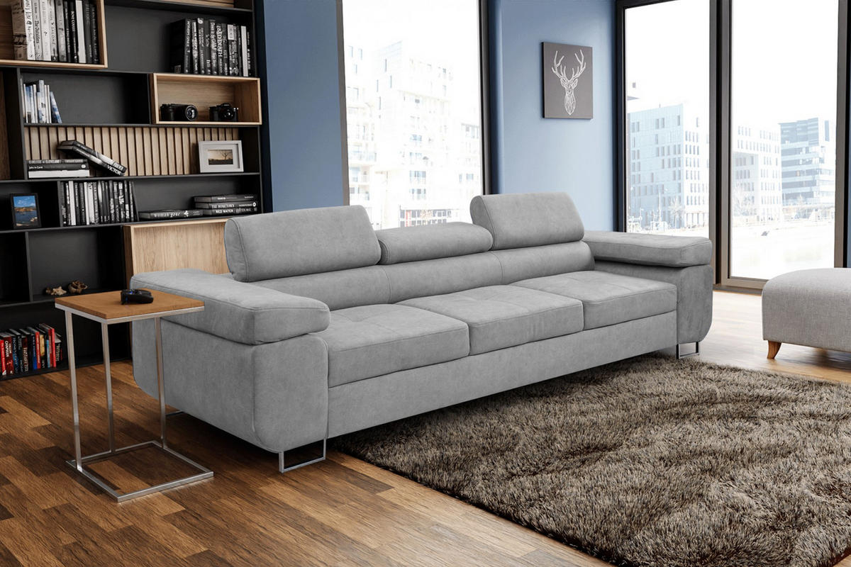 SOFA Marlene II 274 x 97 cm, mit verstellbaren Kopfstützen Schlaffunktion Wohnzimmersofa 3 Sitzer, hellgrau - Hellgrau, Kunststoff (274/87/97cm) - Margaret Hadas24