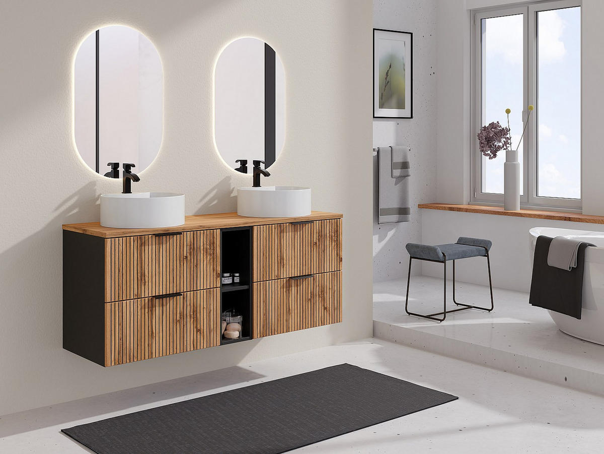 DOPPELWASCHTISCH - 140cm x 46cm - MDF - schwarz, naturfarben hell - MADELA - Schwarz, Holz (140/57/46cm) - Vente-Unique