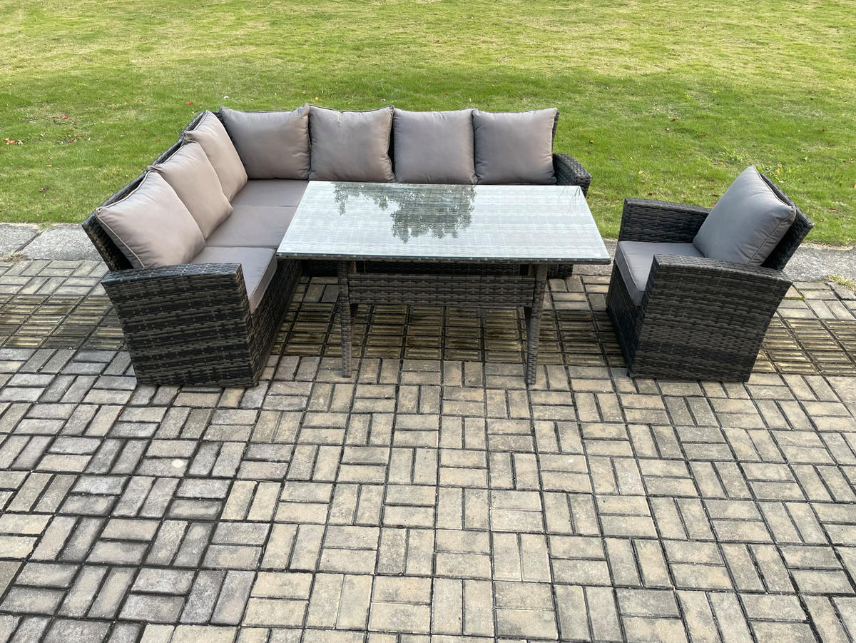 GARTENLOUNGE mit Ecksofa Polyrattan Dunkelgrau 7-Sitzer - Dunkelgrau/Grau, Glas/Kunststoff - Fimous