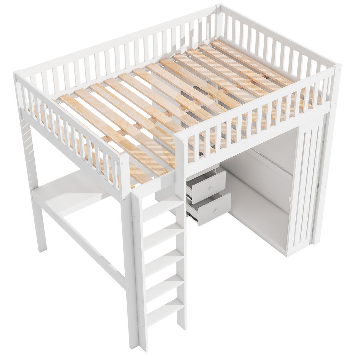 HOCHBETT aus Kiefer und MDF 140x200 cm Weiß mit Schreibtisch, Kleiderschrank, 3 Schubladen und Treppe - Weiß, Holzwerkstoff (90/190cm) - Modfu