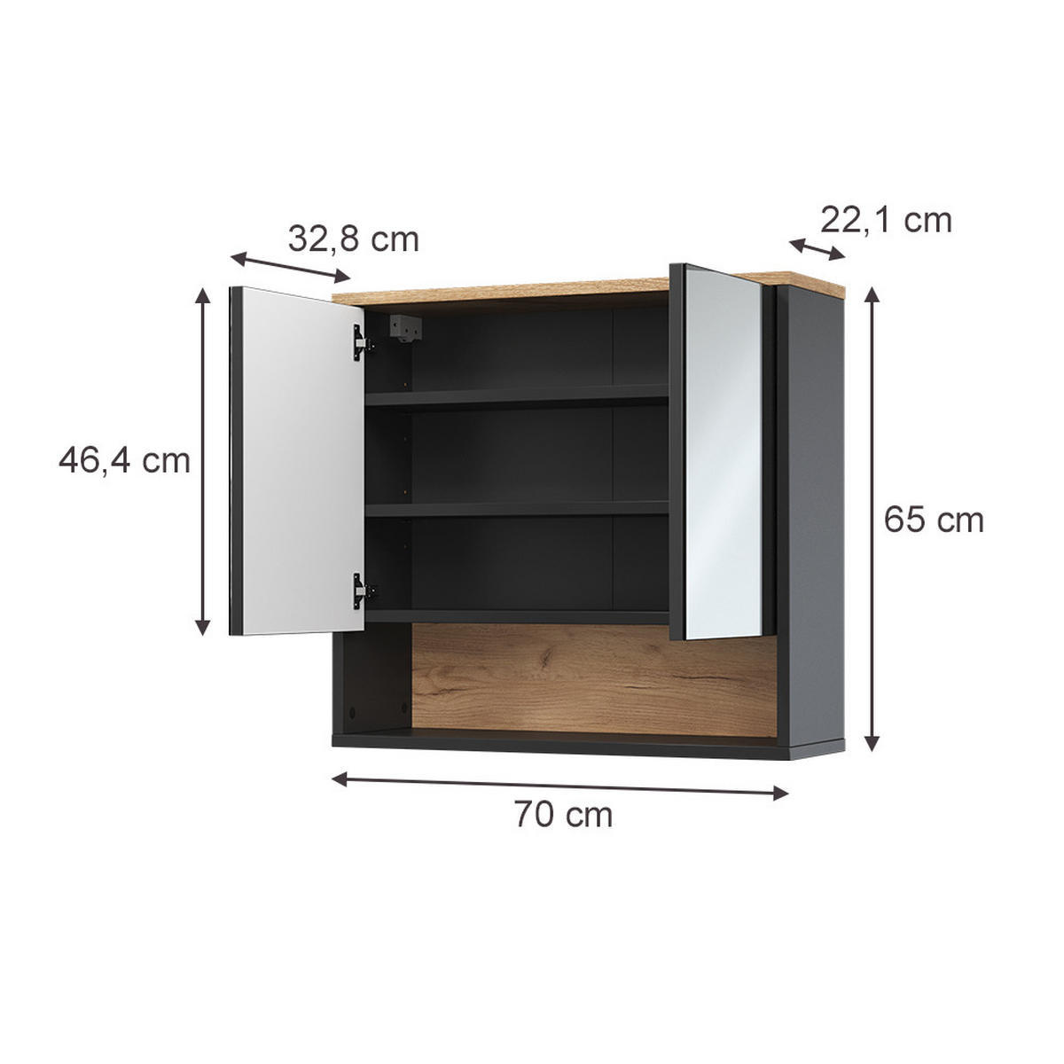 BADSPIEGELSCHRANK Eliza, Schwarz/Viking Oak, 70 x 65 cm mit 2 Türen - Eichefarben/Schwarz, Holzwerkstoff (70/65/22.1cm) - Vicco