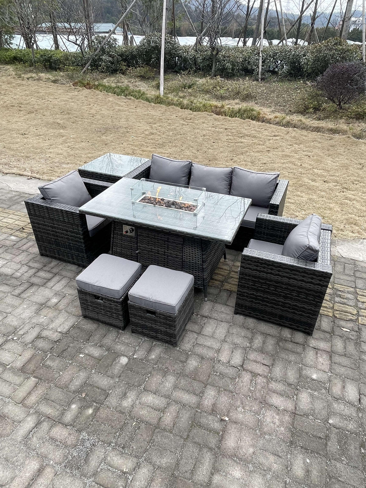 GARTENTISCHGRUPPE Polyrattan 7-Sitzer - Dunkelgrau/Grau, Glas/Kunststoff - Fimous