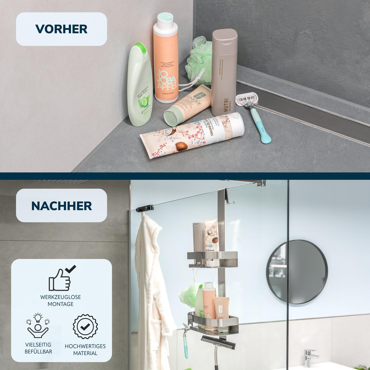 DUSCHABLAGE für Glasduschwand, Edelstahl - Edelstahlfarben, Metall (23/67.5/10.5cm) - eluno