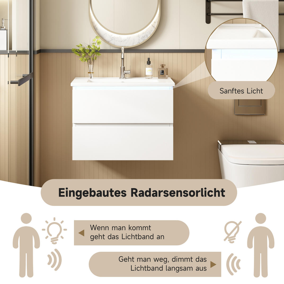 WASCHTISCH 61×46×45 cm, weiß, wandhängend, lackiert, mit LED-Radarsensor, 2 Schubladen, leisen Schienen und integriertem Waschbecken - Weiß, Holzwerkstoff (46/45/61cm) - Ej. Life