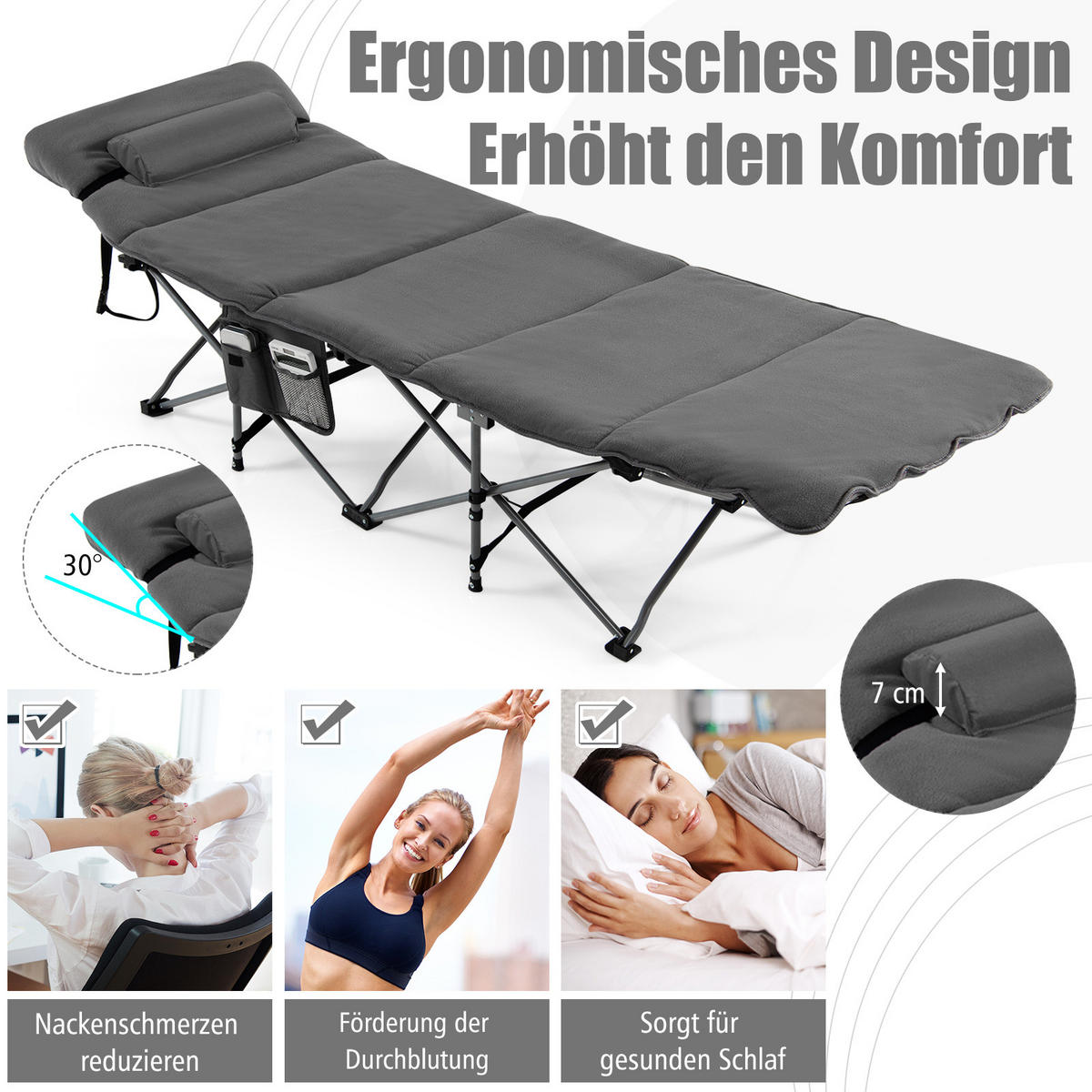 CAMPINGBETT mit Matratze+Kissen Grau - Grau, Metall - COSTWAY
