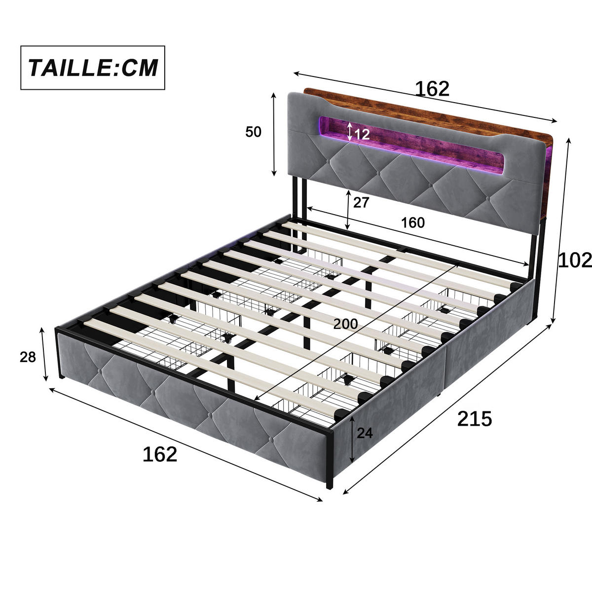 POLSTERBETT 160x200, bettgestell 160x200 mit 4 Schubladen, LED, USB, Lattenrost, samt, grau - Grau, Holzwerkstoff/Textil (160/200cm) - GENKI LIVING