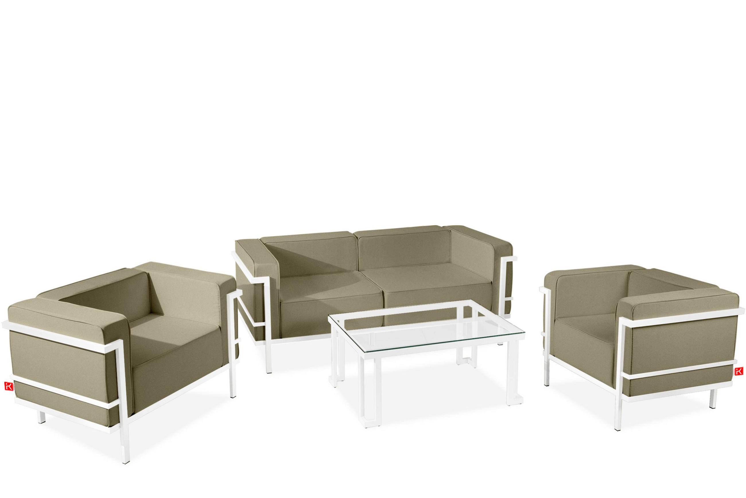 GARTENLOUNGE-SET TRIGLO 4-tlg., 1x Tisch, 2x Sessel, 1x Sofa 2-Sitzer, Modern, Weiß/Beige - Beige/Weiß, Textil/Metall - KONSIMO®