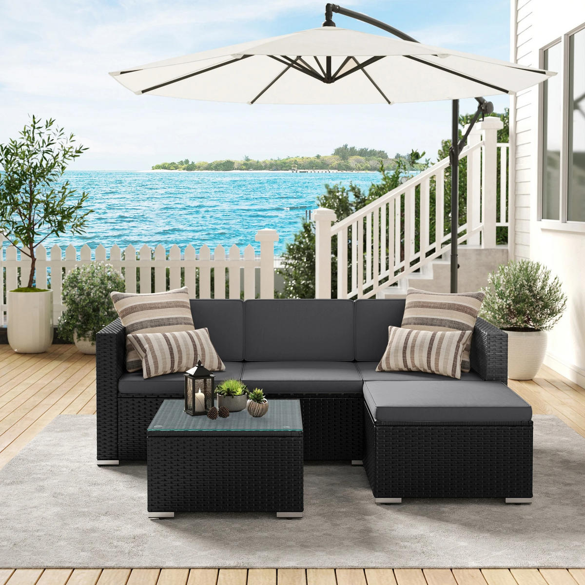 LOUNGEGARNITUR PE-Polyrattan Schwarz, Sofa mit Tisch - Schwarz, Textil - Kaket