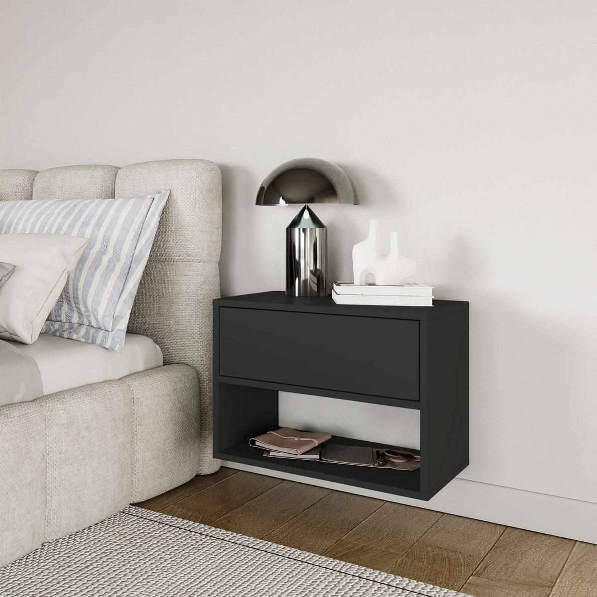 NACHTTISCH hängend Framme Schwarz mit Fach, 50 cm - Schwarz, Holzwerkstoff (50/40/36cm) - Selsey