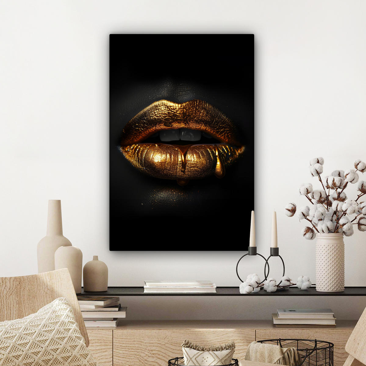 LEINWANDBILD Frau - Porträt - Lippen - Gold - Schwarz Wanddeko Schlafzimmer 60x90 cm - Schwarz, Textil (60/90cm) - MuchoWow
