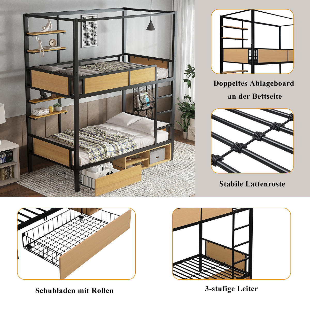 ETAGENBETT 90/200 cm schwarz und natur aus Metall mit Stauraum - Schwarz, Holzwerkstoff (90/200cm) - OKWISH