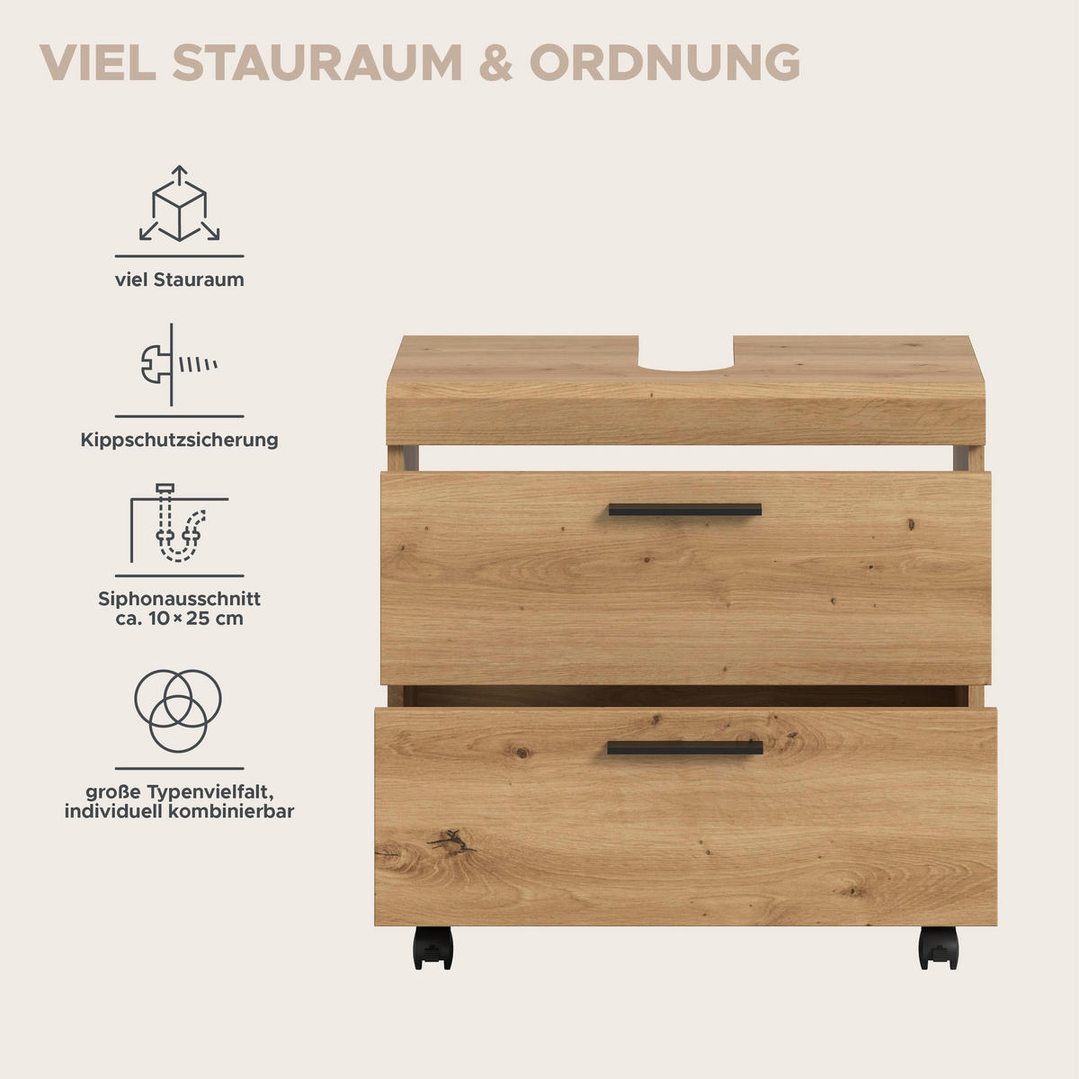 WASCHBECKENUNTERSCHRANK auf Rollen SCOUT (B/H/T: ca. 60/60/34 cm) in Artisan Eiche Nachbildung/Artisan Eiche Nachbildung - Eiche Artisan, Holzwerkstoff (60/60/34cm)