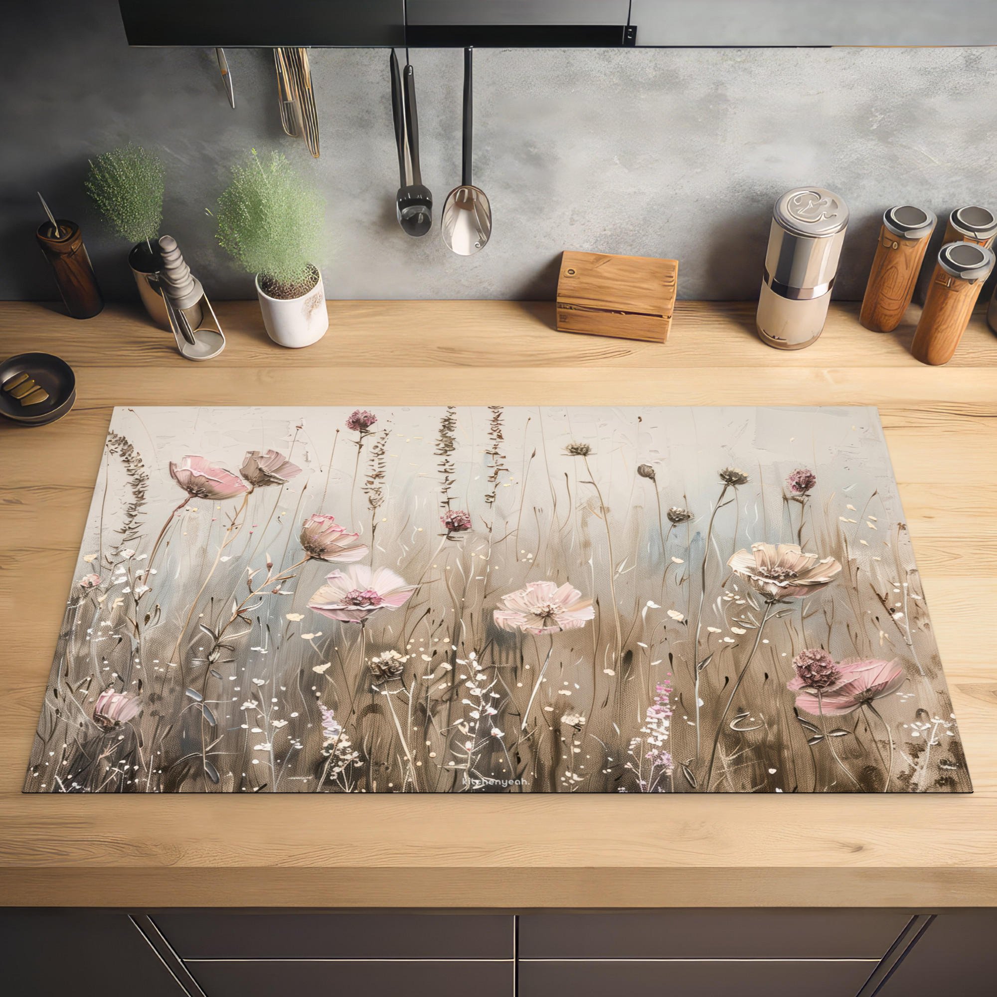 HERDABDECKPLATTE Blumen - Beige - Trockenblumen 90x52 cm - Beige, Kunststoff (90/0.2/52cm) - MuchoWow