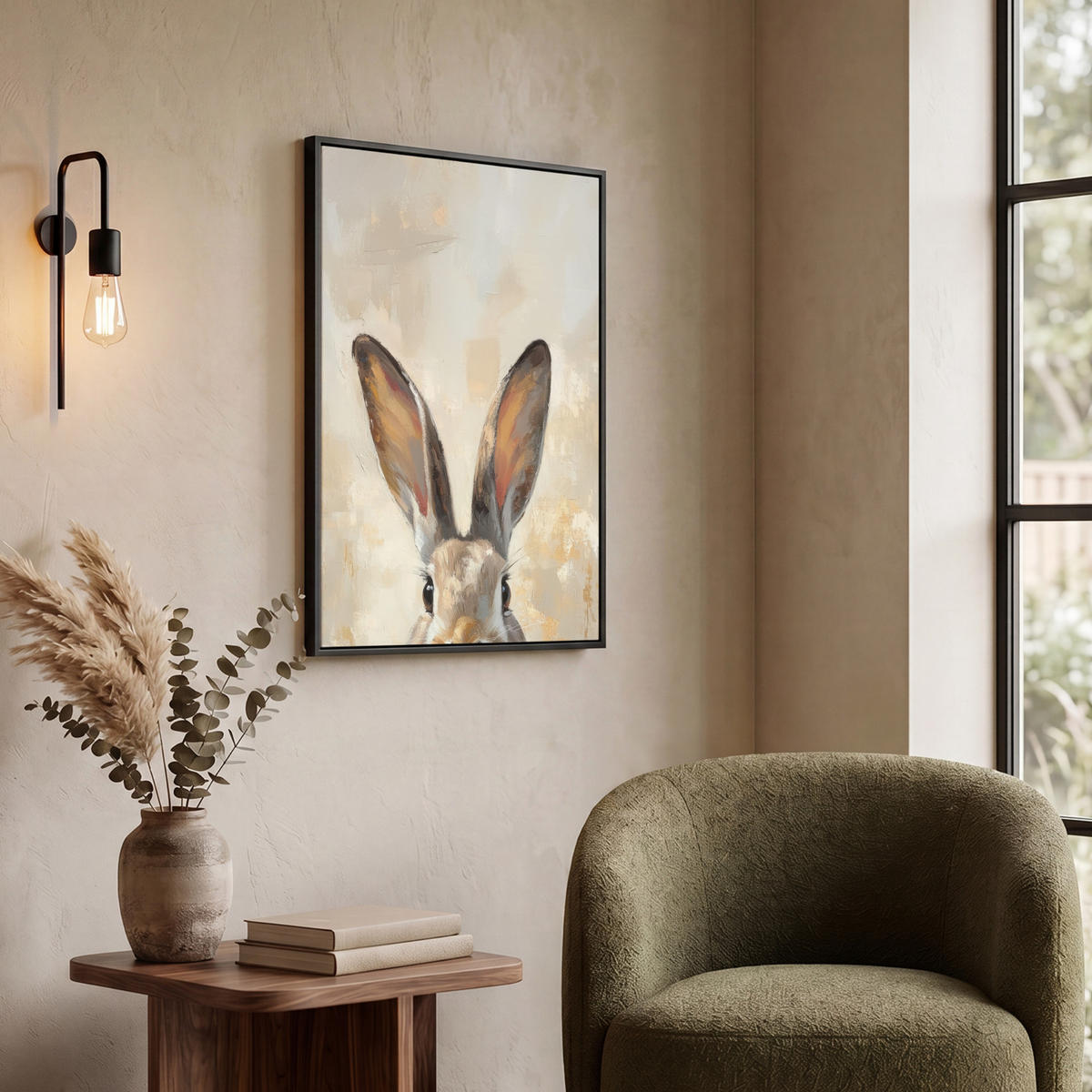 LEINWAND Bilder mit Rahmen - Hase - Ohren - Braun - 60x80 - Beige, Textil (60/80cm) - MuchoWow