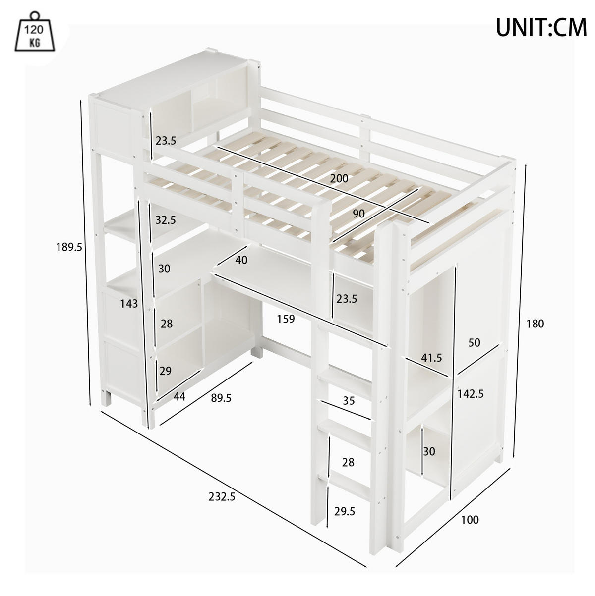 HOCHBETT 90/200 cm aus Kiefer und MDF mit Schreibtisch, Regalen und Kleiderschrank Weiß - Weiß, Holz (90/200cm) - Modenvie