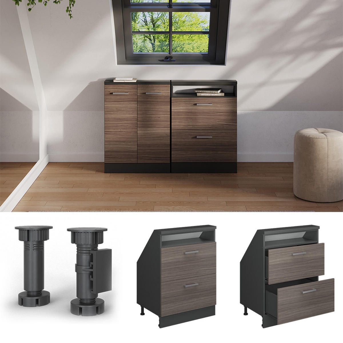 KUCHYŇSKÁ SKŘÍŇKA POD ŠIKMOU STŘECHU R-Line Ušlechtilá šedá/antracitová - šedá/antracitová, kompozitní dřevo (60/81.6/46cm) - Vicco