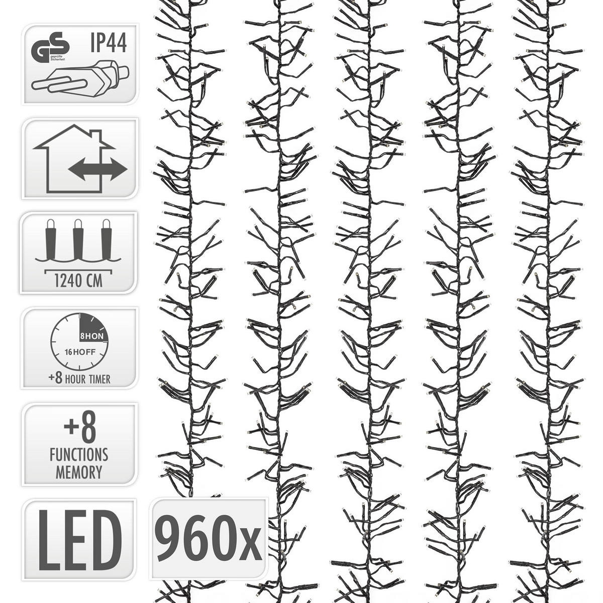 LED světelný řetěz typu „cluster“ pro vnitřní i venkovní použití, 12,4 m, vánoční osvětlení, 960 LED, teplá bílá - bílá, plast (1540cm) - ECD-Germany