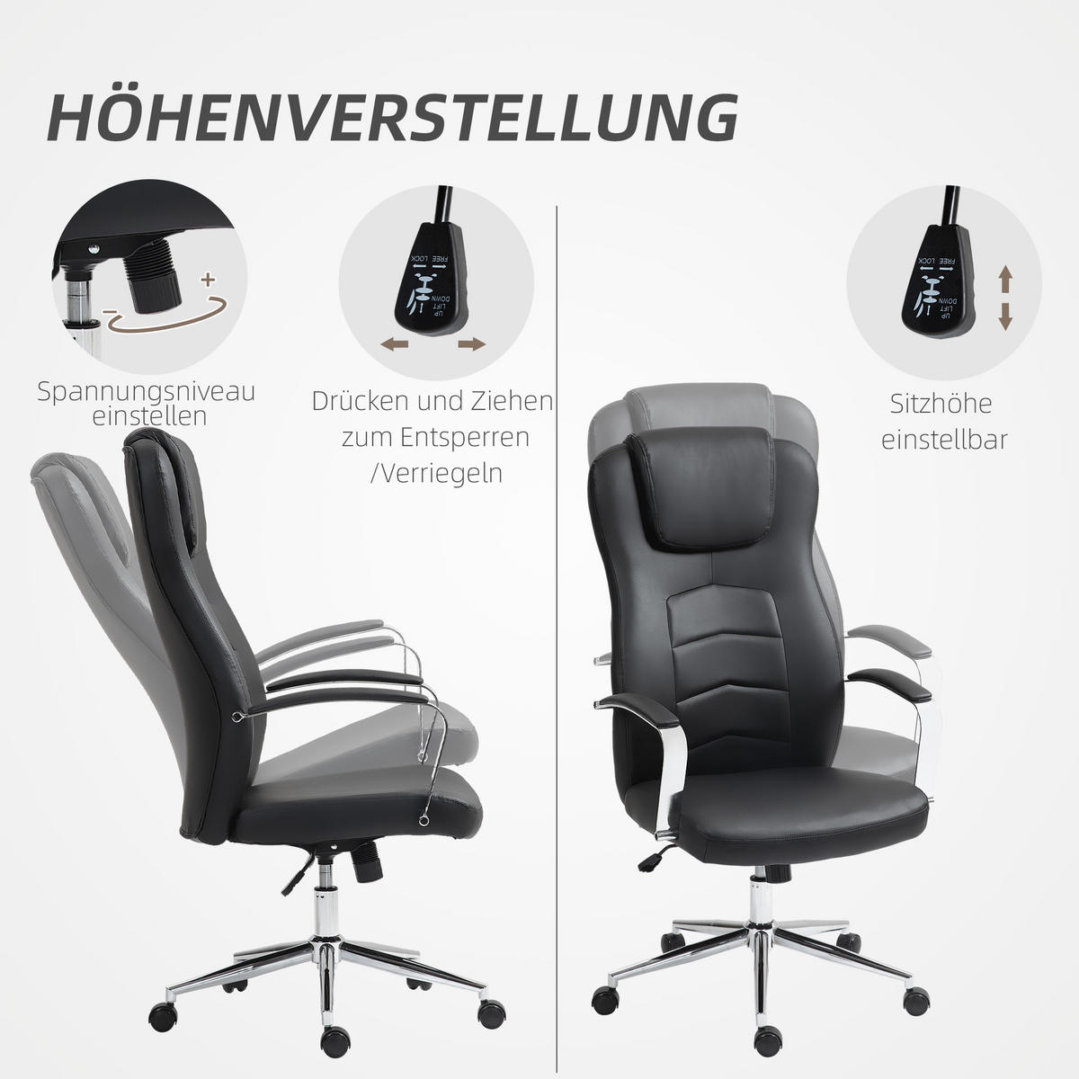 BÜROSTUHL mit Kippfunktion, Schwarz - Schwarz, Leder (78/126/64cm) - HOMCOM