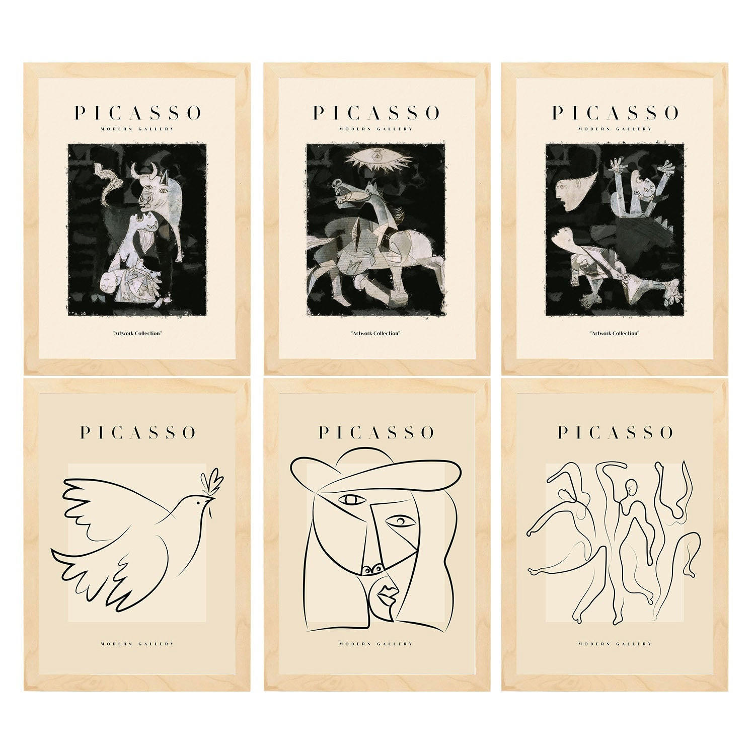 POSTER Set Mit 6 Illustrationen Von Pablo Picasso Schwarz Weiss A3 Rahmen Aus Hellem Holz - Beige, Papier (29/3cm) - Nacnic