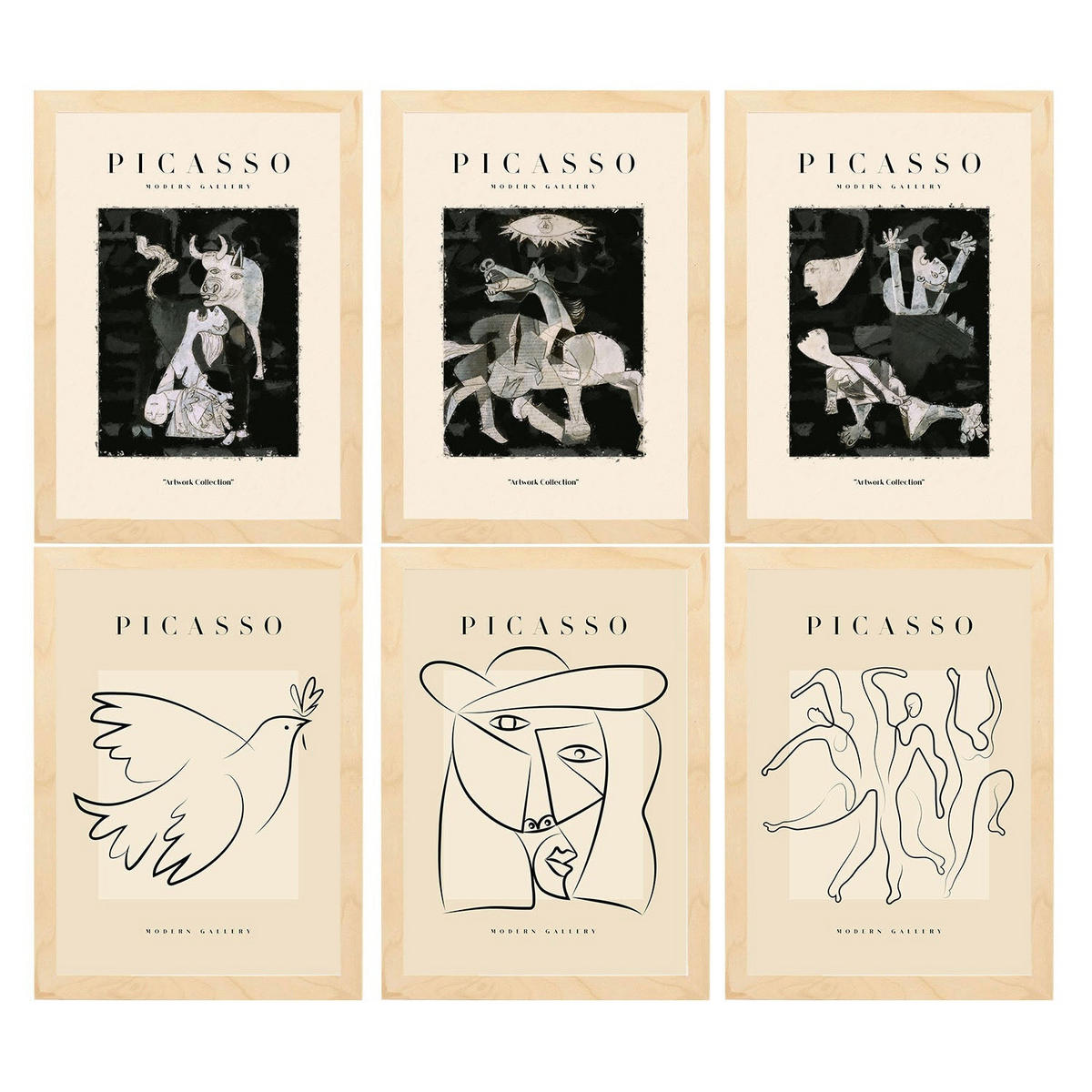 POSTER Set Mit 6 Illustrationen Von Pablo Picasso Schwarz Weiss A3 Rahmen Aus Hellem Holz - Beige, Papier (29/3cm) - Nacnic
