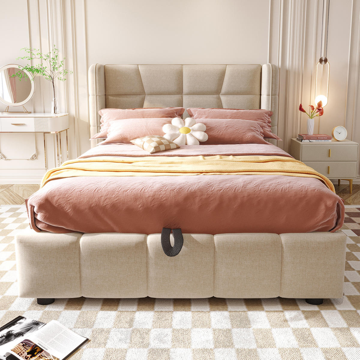 ČALOUNĚNÁ POSTEL 90/200 cm v béžové barvě s úložným prostorem ze lnu - béžová, kov/kompozitní dřevo (90/200cm) - CHICFURN
