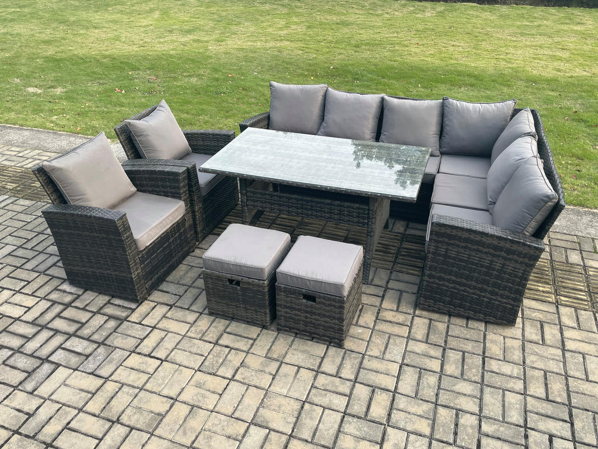 LOUNGEGARNITUR mit Esstisch Sofa Polyrattan Dunkelgrau 10-Sitzer - Dunkelgrau/Grau, Glas/Kunststoff - Fimous