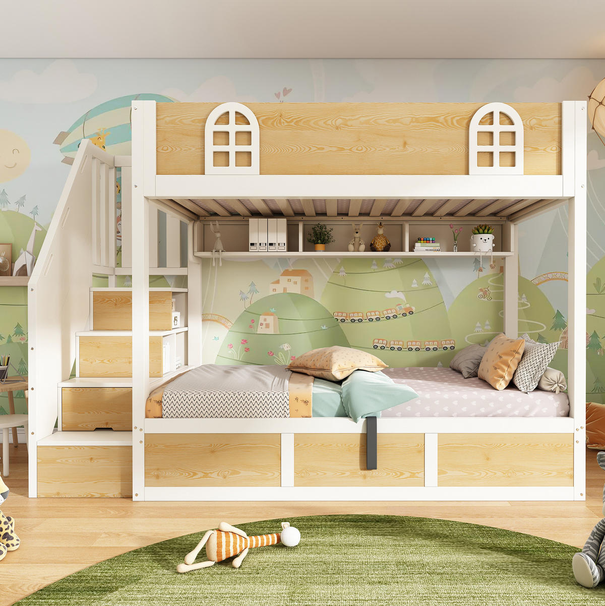 ETAGENBETT aus Holz und Metall 90x200 cm Weiß/Natur mit Treppenschrank und Stauraum - Naturfarben, Holzwerkstoff (90/200cm) - IVMEU