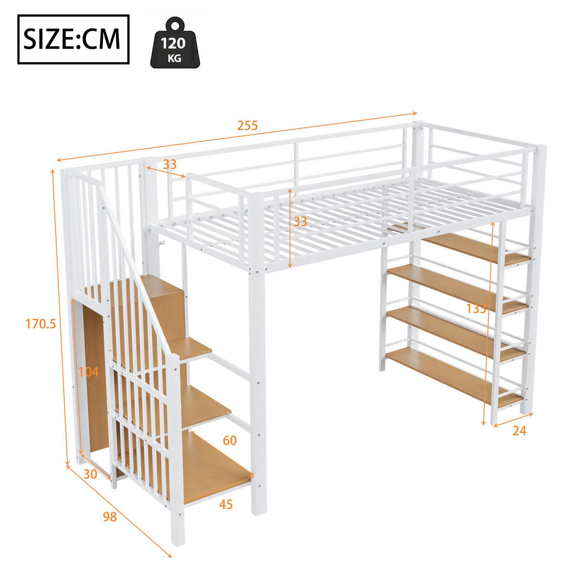 HOCHBETT 90/200 cm Weiß mit Sicherheitstreppe und Stauraum - Weiß, Metall (90/200cm) - OKWISH