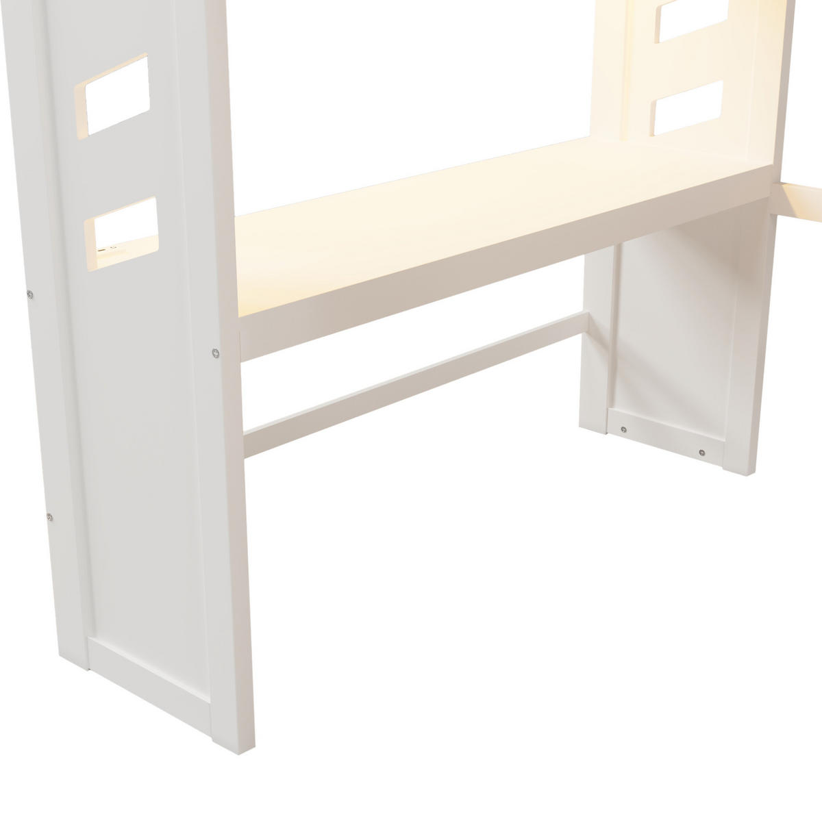 HOCHBETT aus Kiefernholz 140x200 cm Weiß mit Schreibtisch, LED, USB-C, 2 Schubladen und Wäschestange - Weiß, Holzwerkstoff (140/200cm) - Modfu