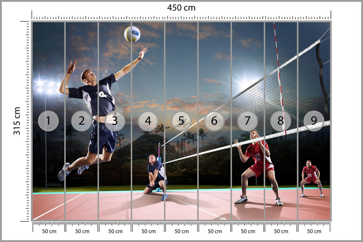 FOTOTAPETE für Jugendzimmer Volleyball Strand Tropen Match Spieler Palmen 450x315 - Rot/Schwarz, Papier (450/315cm) - Muralo