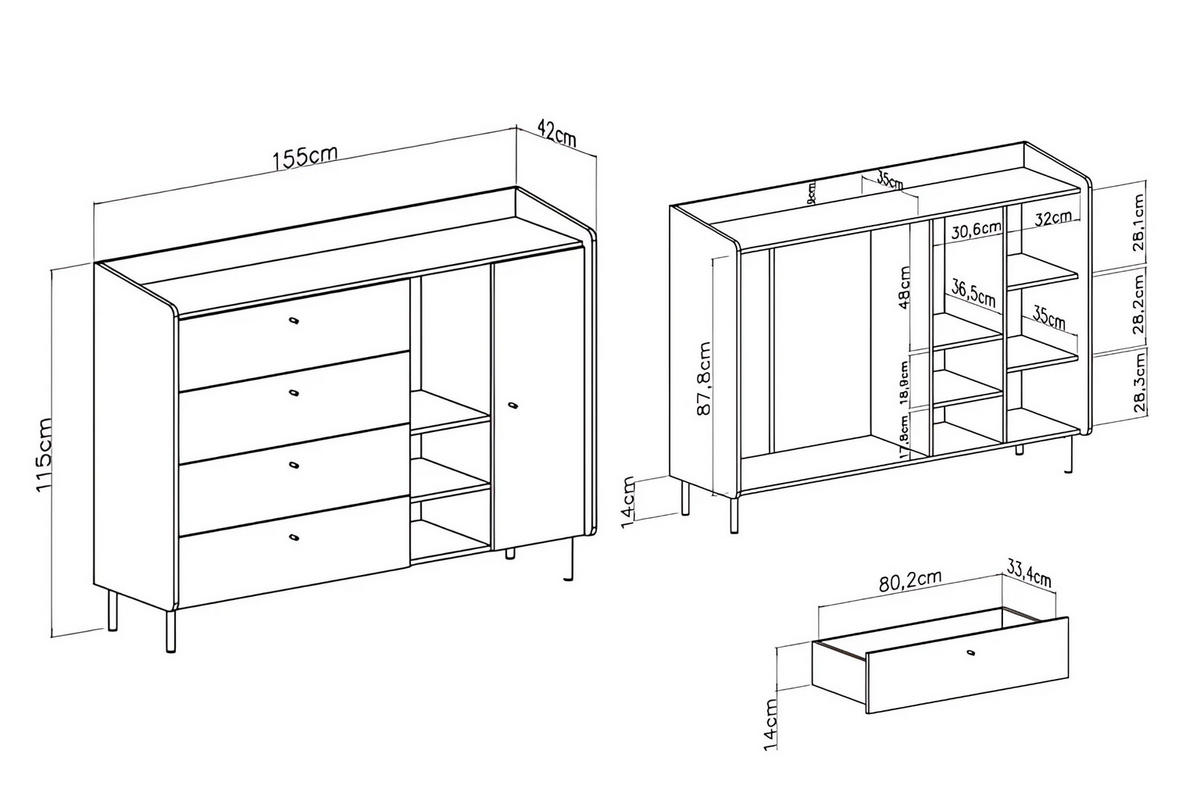 KINDERKOMMODE ALBI 07 155/42/115 in Eukalyptus / Baltic Düne Eiche - Alteiche/Eukalyptusholzfarben, Holzwerkstoff (155/115/42cm) - Deine Möbel 24