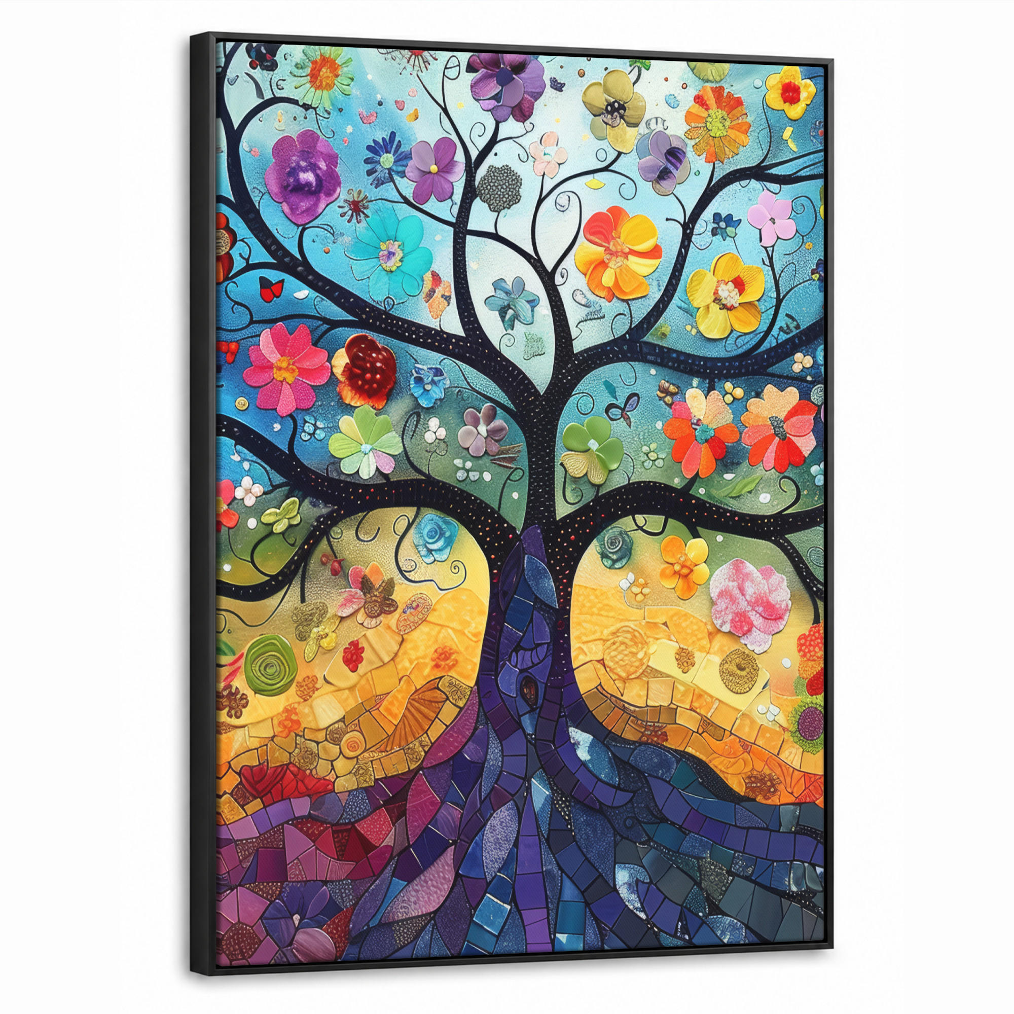 LEINWAND Bilder mit Rahmen - Kunst - Baum des Lebens - Blumen - Hippie - 70x100 - Dunkelblau, Textil (70/100cm) - MuchoWow