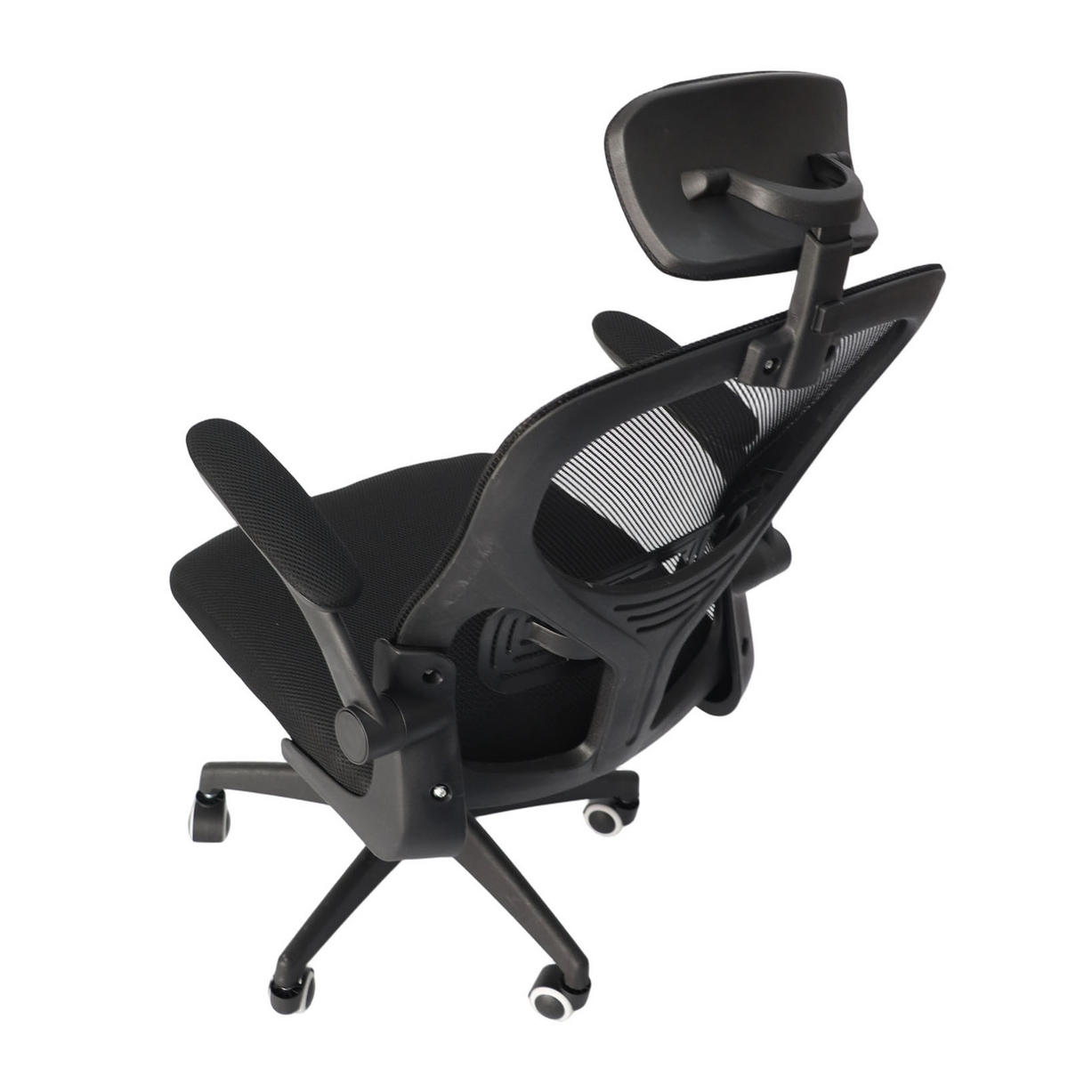 BÜROSTUHL ergonomisch Schwarz – Mesh Drehstuhl mit hoher Rückenlehne, Lendenstütze, 3D Kopfstütze & klappbaren Armlehnen - Schwarz, Kunststoff (51/58/26cm) - Ej. Life