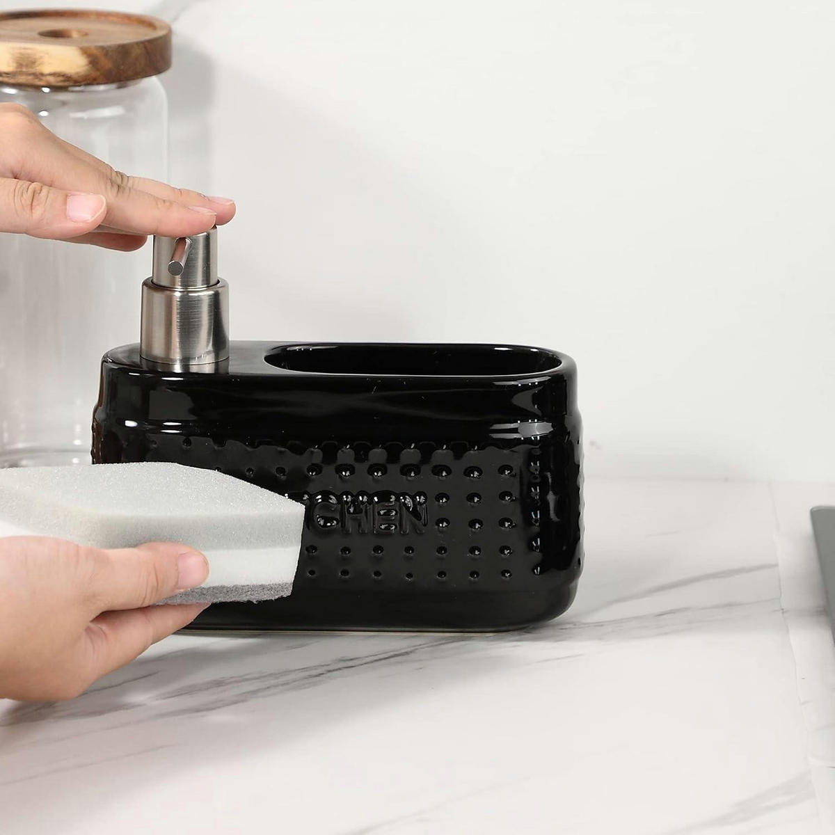 SPÜLMITTELSPENDER Keramik Schwarz 600 ml mit Schwammhalter - Schwarz, Keramik (7.2/15.2/18.8cm)