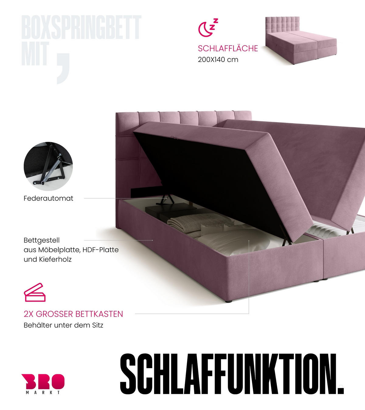 BOXBETT Detroit mit Topper 140/200 Rosa - Rosa, Holzwerkstoff/Textil (140/200cm) - Bromarkt