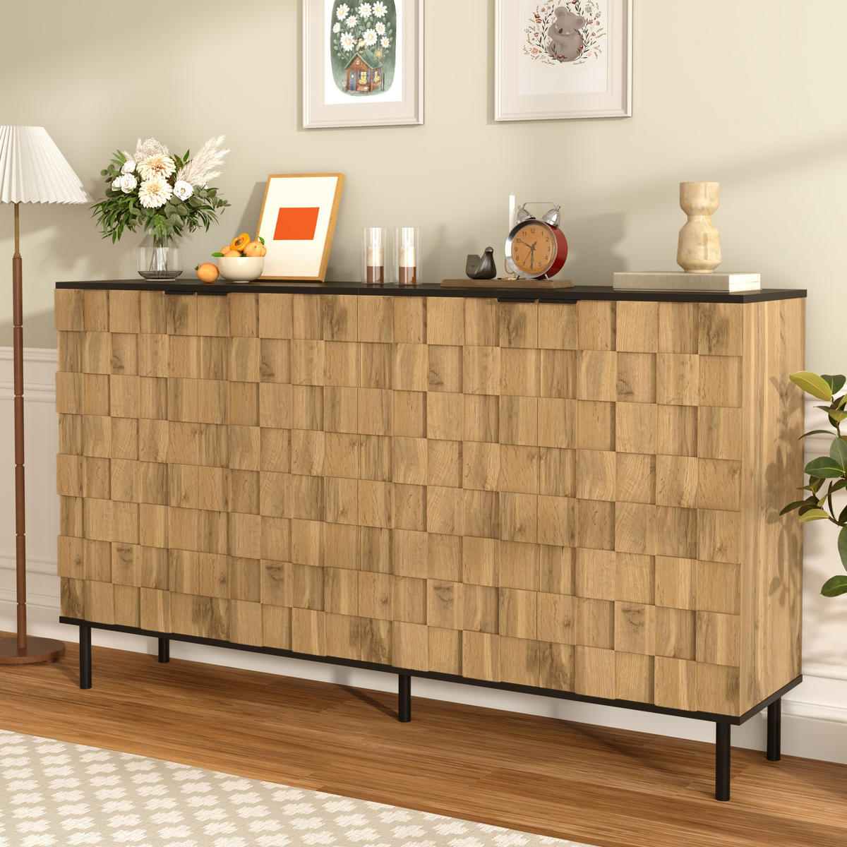 SIDEBOARD Moderner Aufbewahrungsschrank mit Mosaik-Türdesign, Metallfüßen, Stauraum, Holzoptik, Spanplatte - Naturfarben, Holzwerkstoff/Metall (80/91.5/35cm) - EVRYAE