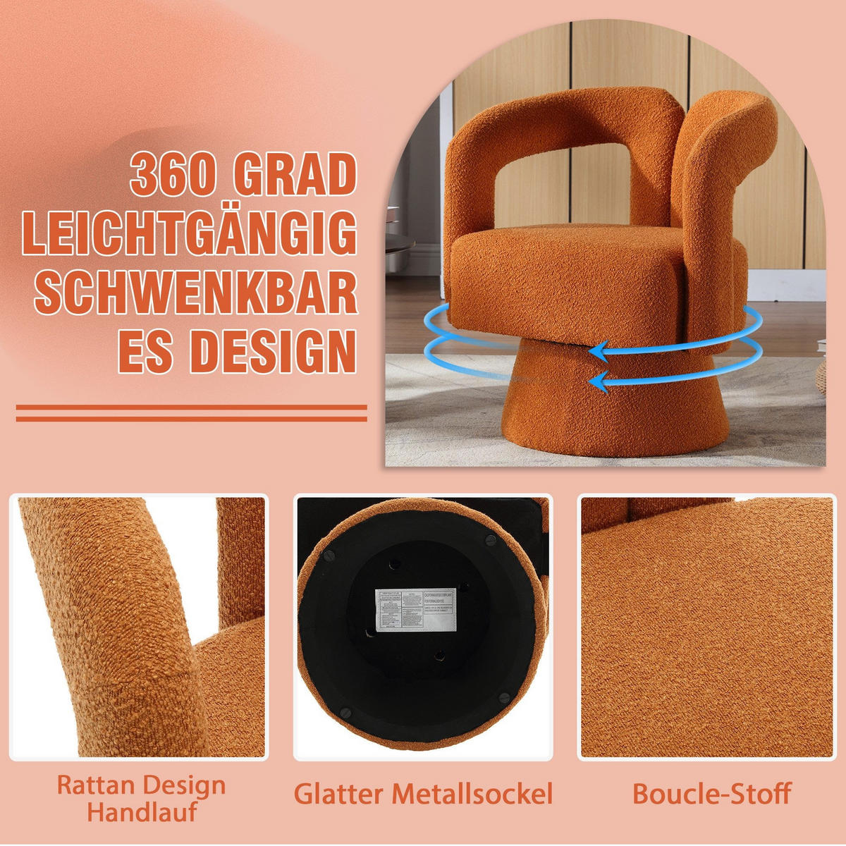 DREHSTUHL 360°Drehsessel Loungesessel mit Polsterung,Boucle,Orange - Orange, Textil (67/74/55cm) - LVHOM