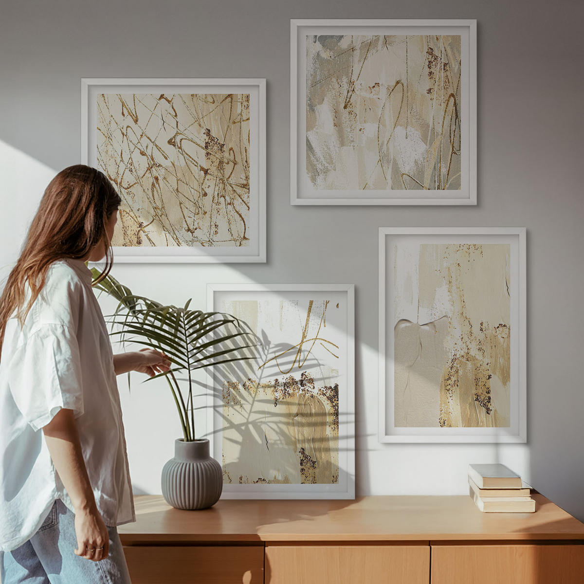 BILDER SET 4er Set - 50x50 cm & 40x60 cm Weißer Rahmen - Abstrakte Muster beige weiß - Weiß, Kunststoff (50/50cm) - TULUP