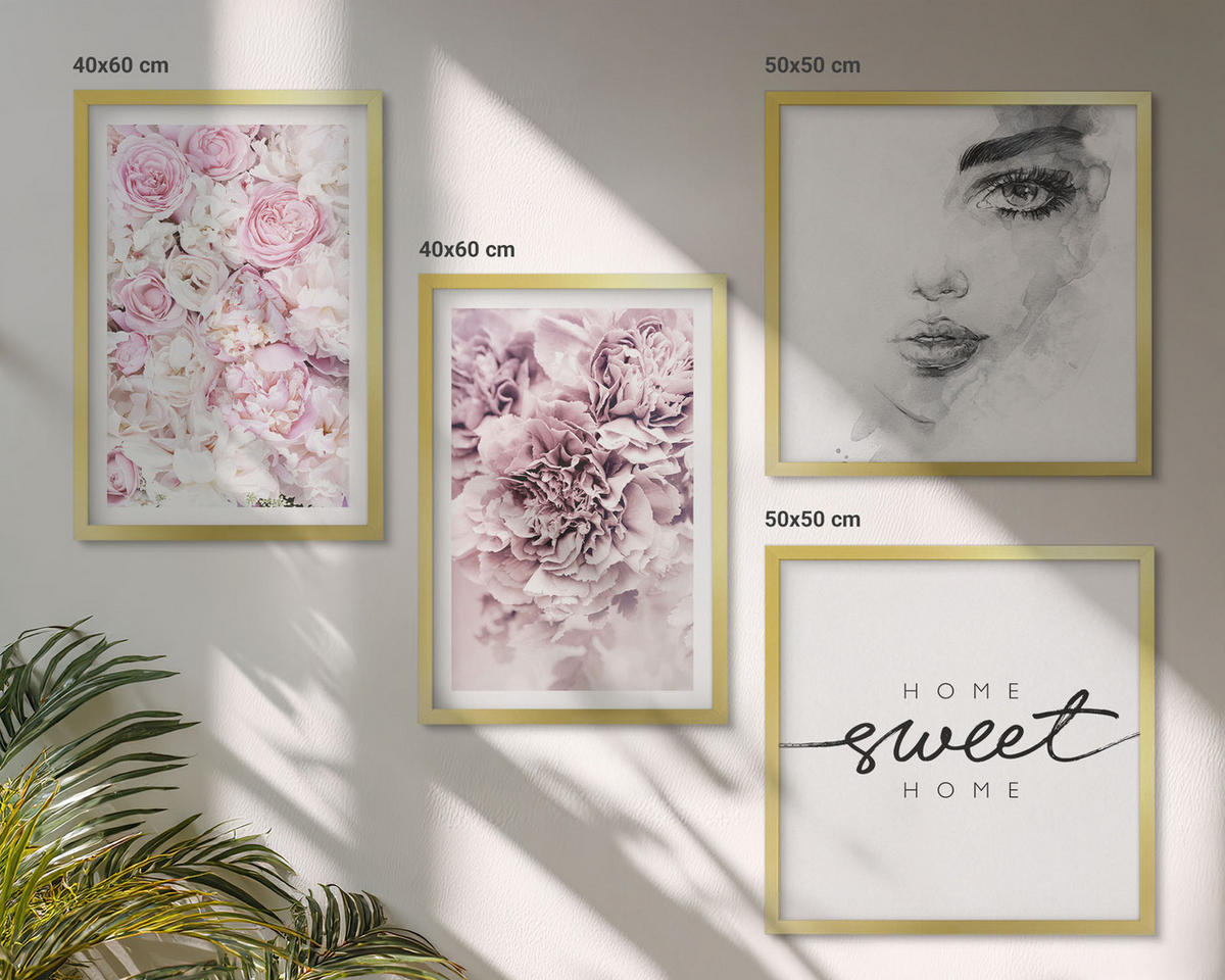 BILDER SET 4er Set - 50x50 cm & 40x60 cm Goldrahmen - Pfingstrosenporträt einer Frau für Zuhause - Goldfarben, Kunststoff (50/50cm) - TULUP