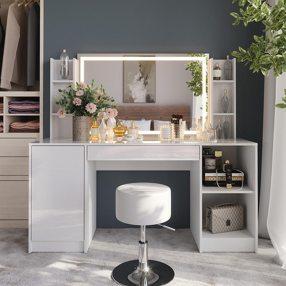 SCHMINKTISCH Sherry Weiß/Weiß Hochglanz 158.2 cm 5 Teile - Weiß Hochglanz, Holzwerkstoff (158.2/76/50.1cm) - Vicco