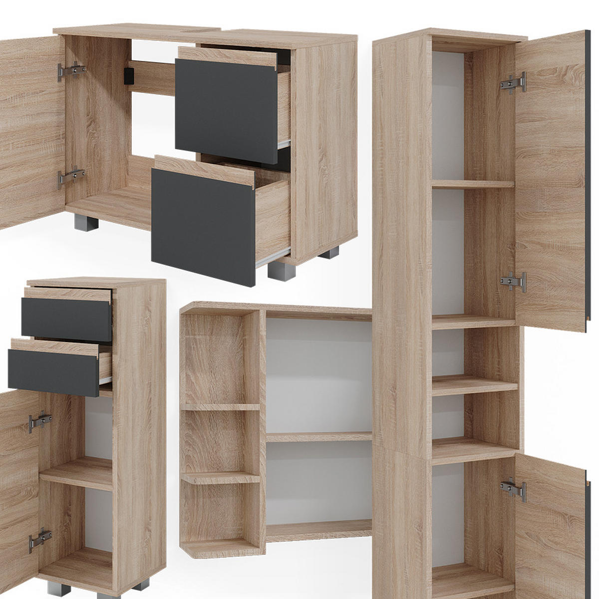BADMÖBEL-SET J-Shape Sonoma 4 Teile - Anthrazit/Sonoma Eiche, Holzwerkstoff (80/60/33cm) - Vicco