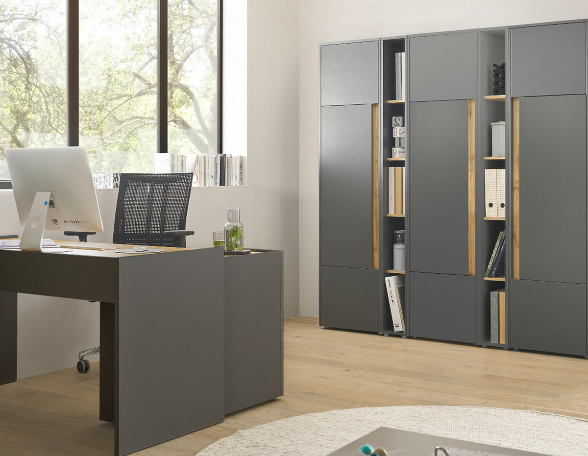 AKTENSCHRANK Set 5-teilig grau matt, Eiche Wotan 190 x 200 cm, Schrank-Regal-Kombination mit 25 Fächern - Eiche Wotan/Schwarz, Holzwerkstoff/Kunststoff (190/200/40cm) - Furn.Design