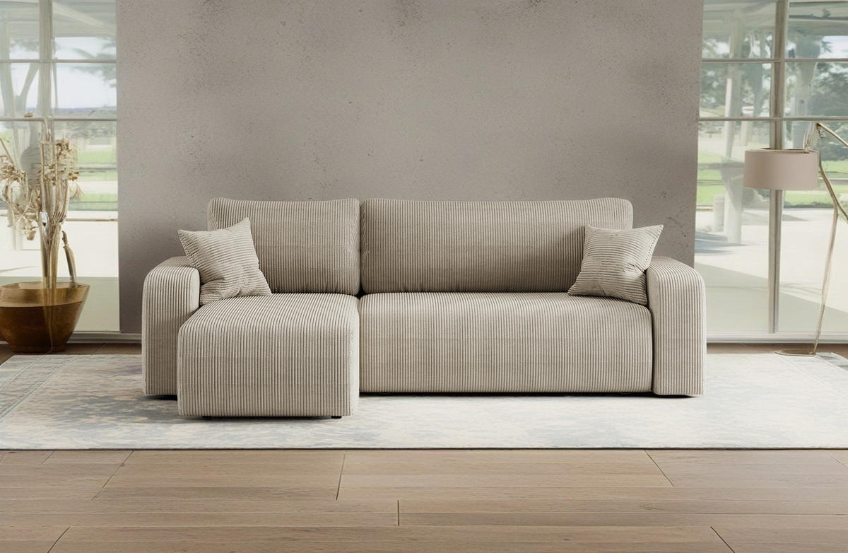ECKSOFA L-FORM Schlaffunktion Und Bettkasten Eckcouch MILANO L Stoff Dicker Cord Dunkelbeige Links - Cappuccino, Holz/Textil (142/244cm) - Kaiser Möbel