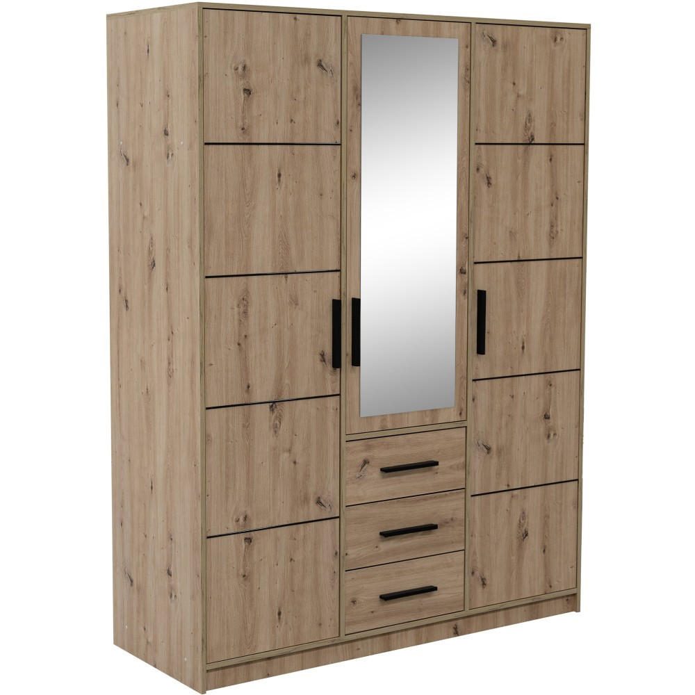 DREHTÜRENSCHRANK Kavo mit Spiegel und 3 Türen, eiche Sonoma - Schwarz/Sonoma Eiche, Holzwerkstoff (150/200/58cm) - Beautysofa