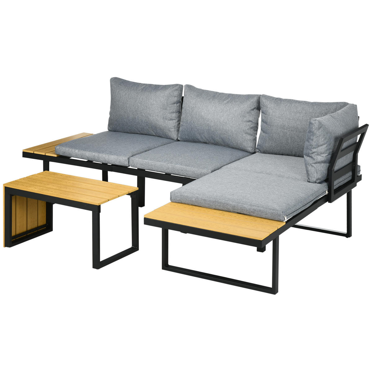 GARTENMÖBELSET DE-06530 3-tlg. mit Sitzkissen & Holzoptik Dunkelgrau/Natur - Hellgrau, Textil/Metall - ComfortXL
