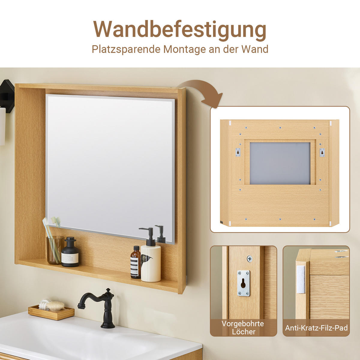 BADMÖBEL-SET Natur - Naturfarben, Glas/Keramik (80/52/50cm) - SoBuy