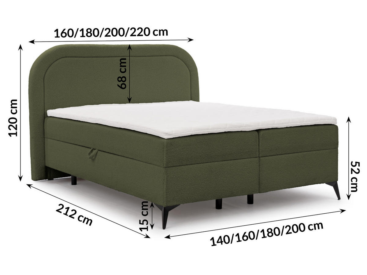 BOXBETT Sonna 180/200 cm Grün Bouclé-Stoff mit abgerundetem Kopfteil und mit schwarzen Metallfüßen - Schwarz/Grün, Holz/Textil (180/200cm) - S-Style Möbel