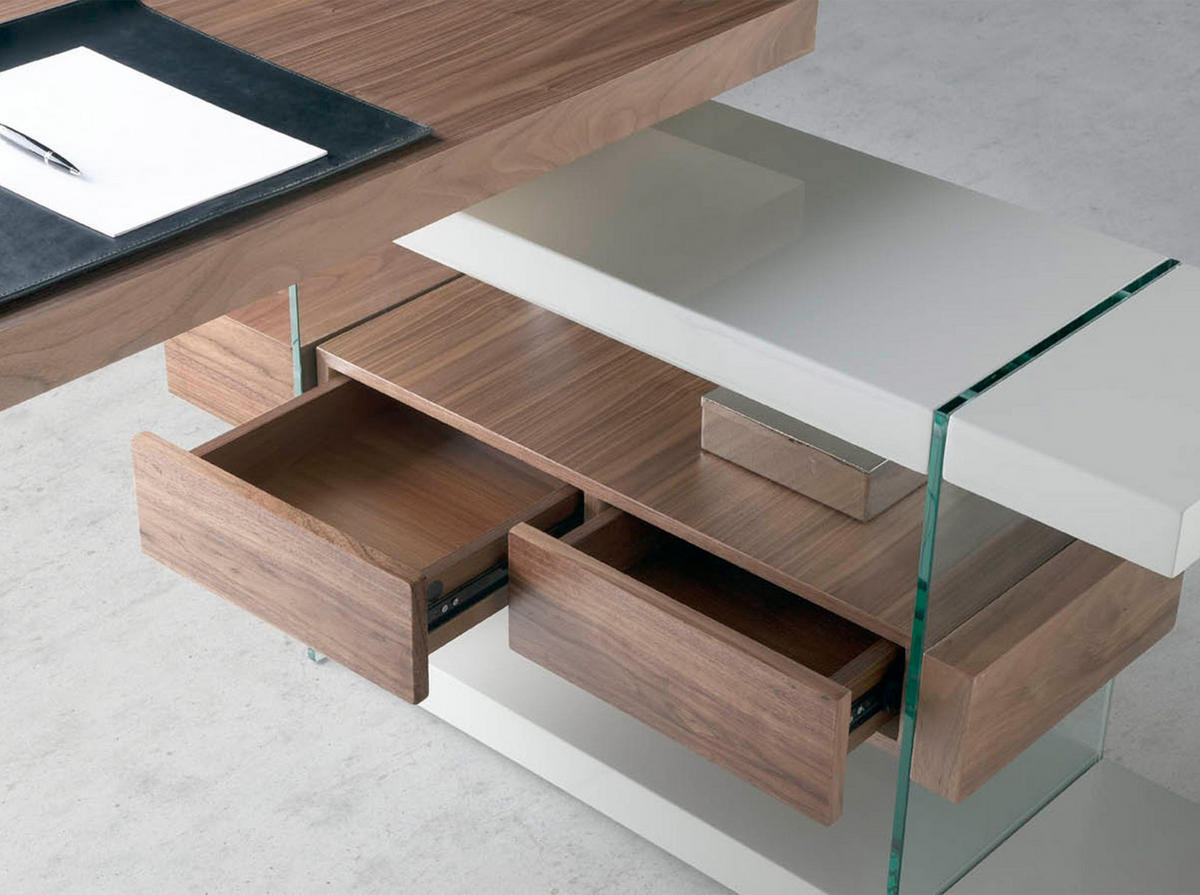 SCHREIBTISCH Schreibtisch aus grauem Holz und gehärtetem Glas mit Platte aus Walnussholz 140/127/75 cm - Transparent/Walnussfarben, Glas/Holz (127/140/75cm) - ANGEL CERDA